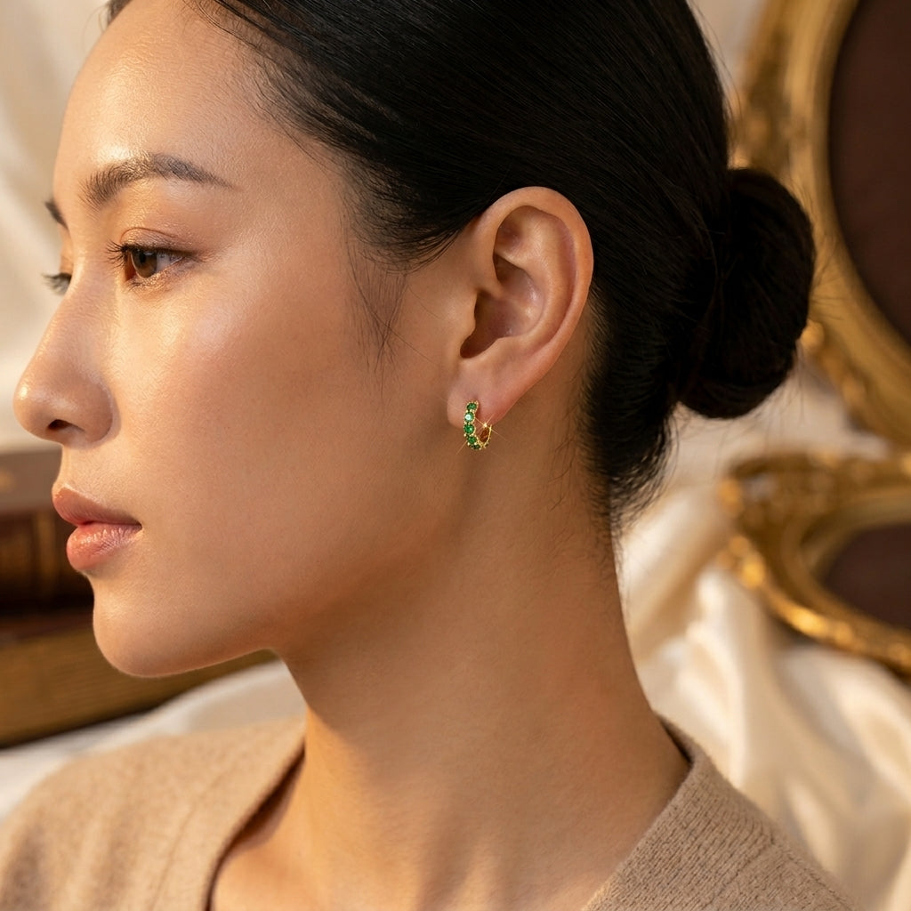 Gold Emerald Lattice Hoop Earrings